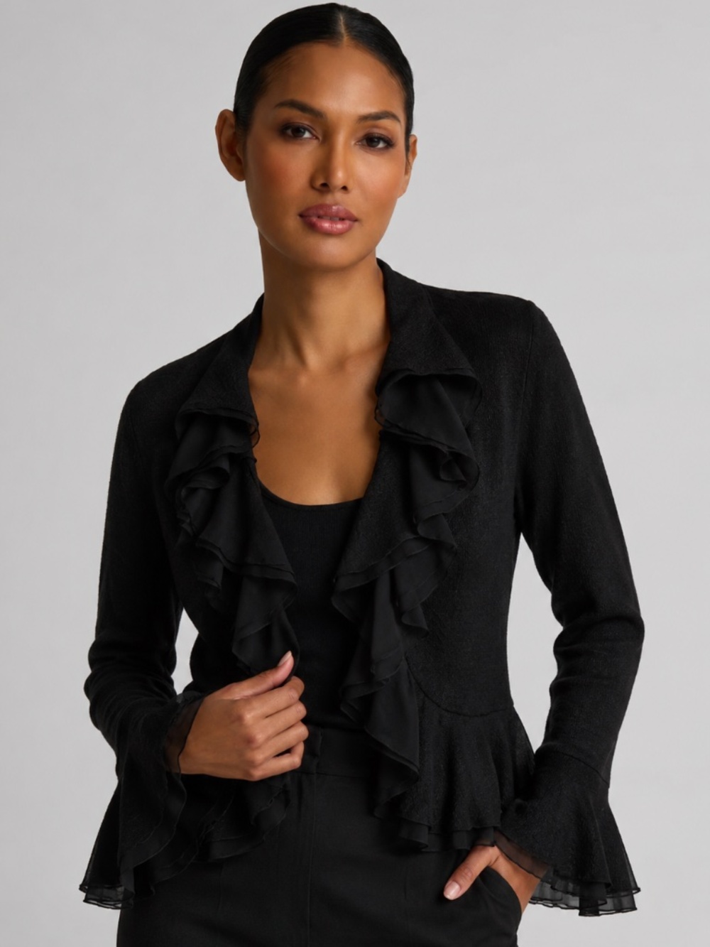St. John Black Ruffle Peplum Blouse Cardigan Bell Sleeve Top Women Size 10